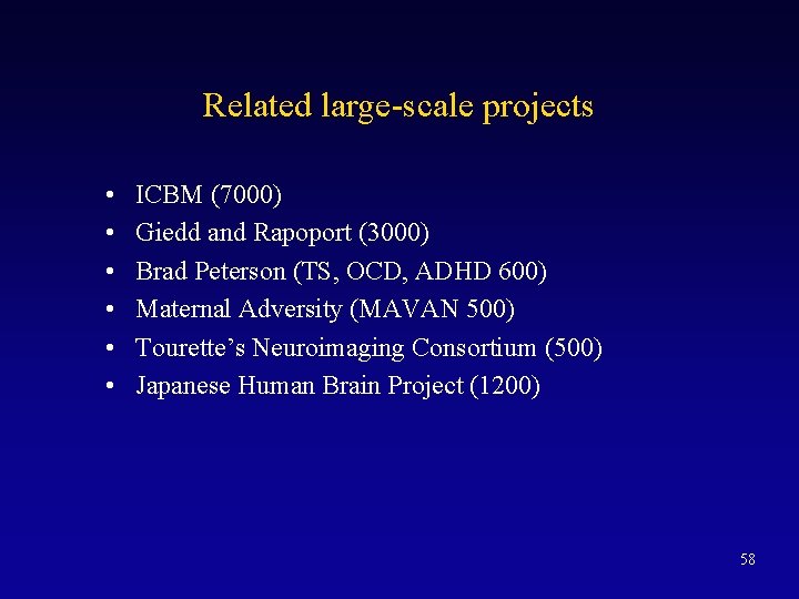 Related large-scale projects • • • ICBM (7000) Giedd and Rapoport (3000) Brad Peterson