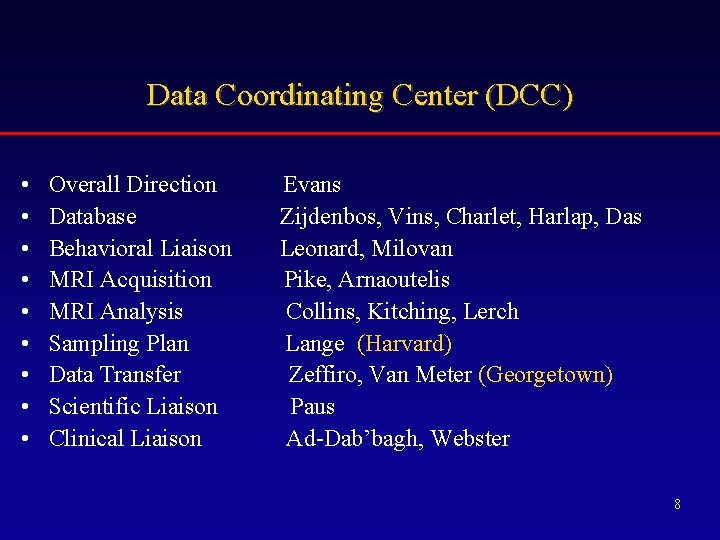 Data Coordinating Center (DCC) • • • Overall Direction Database Behavioral Liaison MRI Acquisition