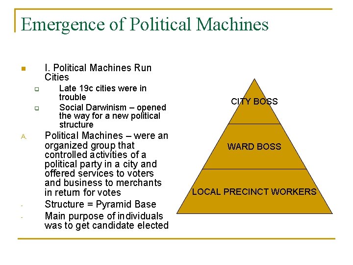 Emergence of Political Machines I. Political Machines Run Cities n q q A. -