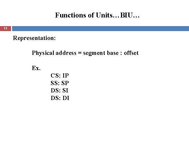 Functions of Units…BIU… 11 Representation: Physical address = segment base : offset Ex. CS: