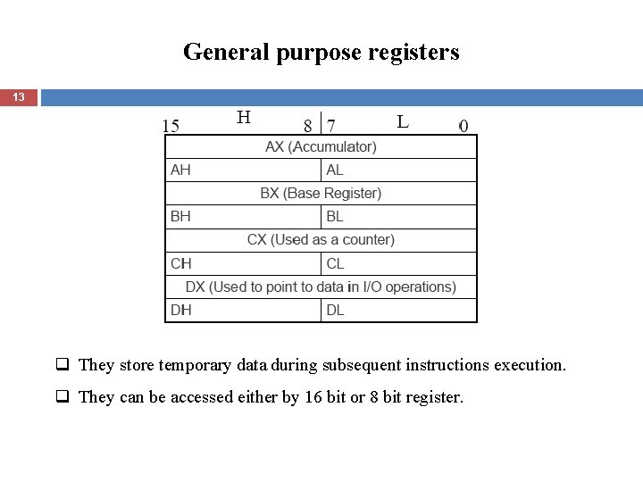 General purpose registers 13 q They store temporary data during subsequent instructions execution. q