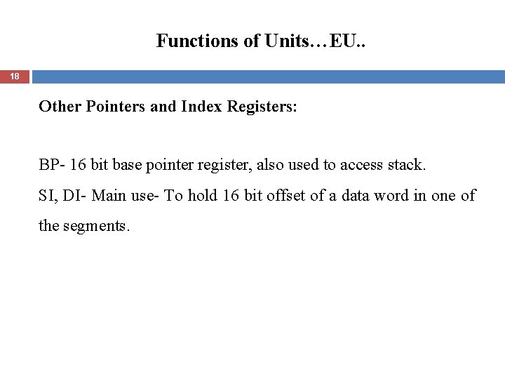 Functions of Units…EU. . 18 Other Pointers and Index Registers: BP- 16 bit base