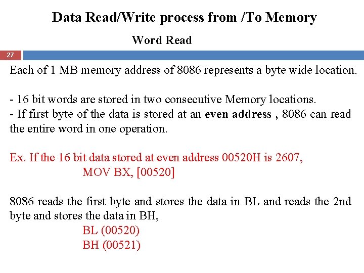 Data Read/Write process from /To Memory Word Read 27 Each of 1 MB memory