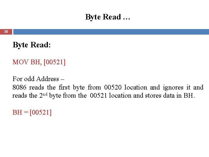 Byte Read … 30 Byte Read: MOV BH, [00521] For odd Address – 8086