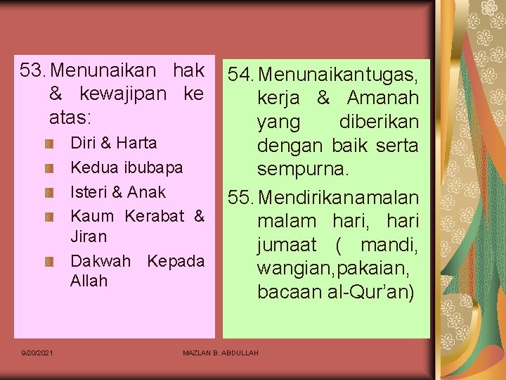 53. Menunaikan hak & kewajipan ke atas: Diri & Harta Kedua ibubapa Isteri &