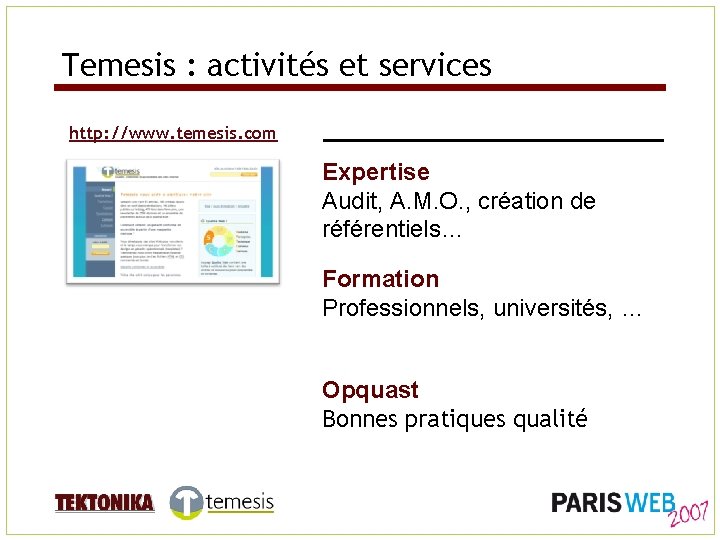 Temesis : activités et services http: //www. temesis. com Expertise Audit, A. M. O.