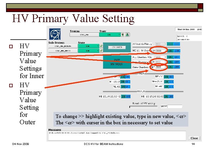 HV Primary Value Setting o o HV Primary Value Settings for Inner HV Primary