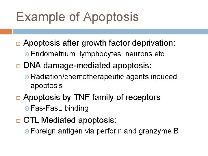 Example of Apoptosis after growth factor deprivation: Endometrium, lymphocytes, neurons etc. DNA damage-mediated apoptosis: