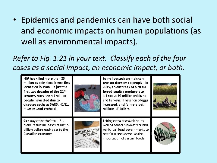  • Epidemics and pandemics can have both social and economic impacts on human