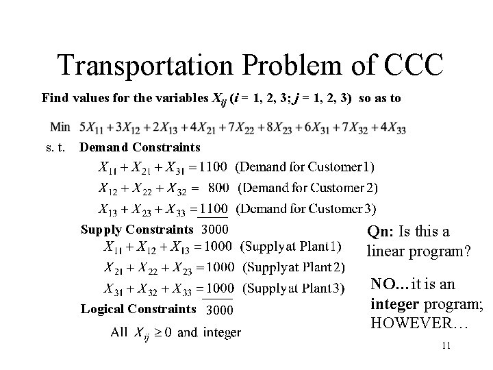 Transportation Problem of CCC Find values for the variables Xij (i = 1, 2,