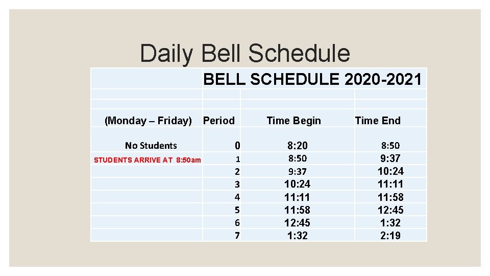 Daily Bell Schedule BELL SCHEDULE 2020 -2021 (Monday – Friday) No Students STUDENTS ARRIVE Daily Bell Schedule BELL SCHEDULE 2020 -2021 (Monday – Friday) No Students STUDENTS ARRIVE