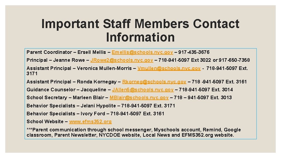 Important Staff Members Contact Information Parent Coordinator – Ersell Mellis – Emellis@schools. nyc. gov Important Staff Members Contact Information Parent Coordinator – Ersell Mellis – Emellis@schools. nyc. gov
