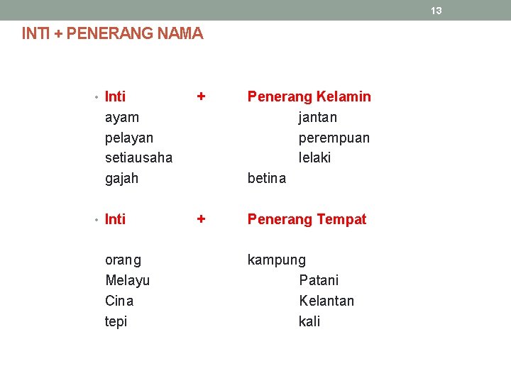 13 INTI + PENERANG NAMA • Inti + Penerang Kelamin jantan perempuan lelaki betina