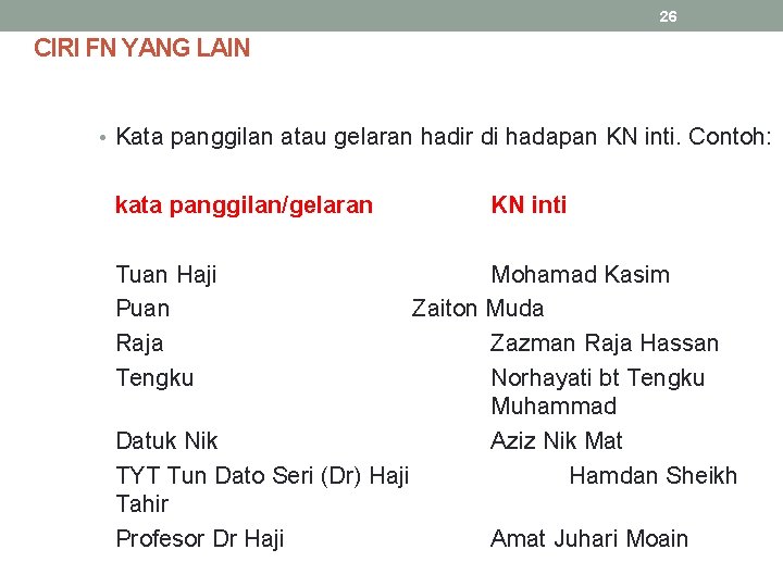 26 CIRI FN YANG LAIN • Kata panggilan atau gelaran hadir di hadapan KN