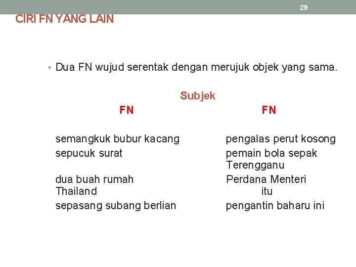 29 CIRI FN YANG LAIN • Dua FN wujud serentak dengan merujuk objek yang