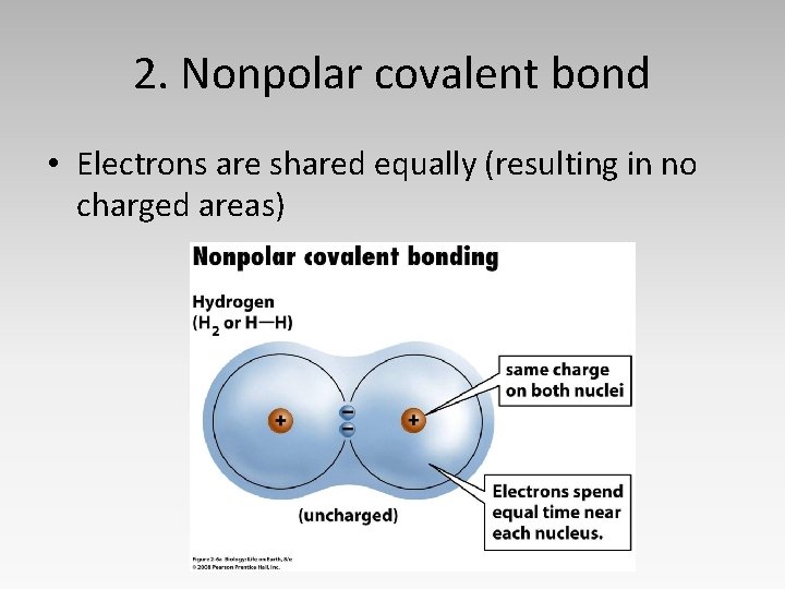 2. Nonpolar covalent bond • Electrons are shared equally (resulting in no charged areas)