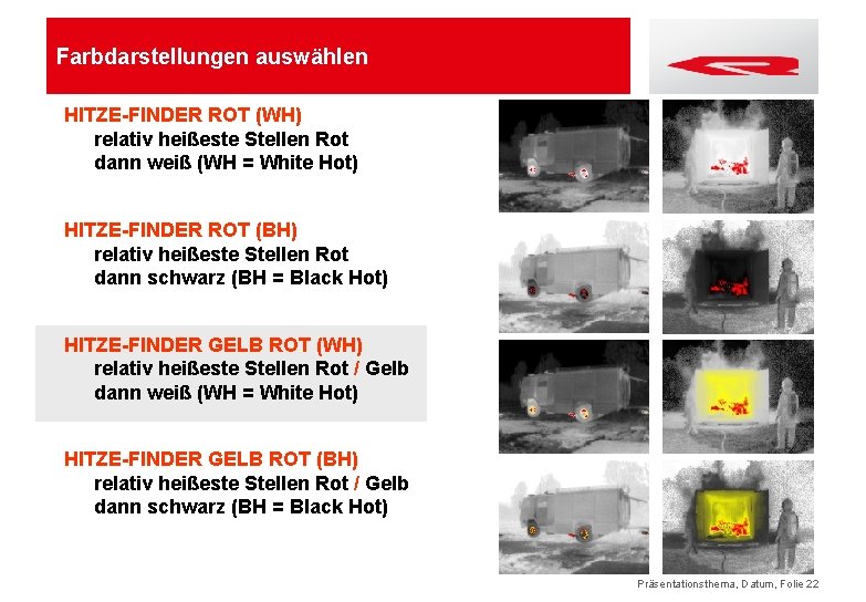 Farbdarstellungen auswählen HITZE-FINDER ROT (WH) relativ heißeste Stellen Rot dann weiß (WH = White