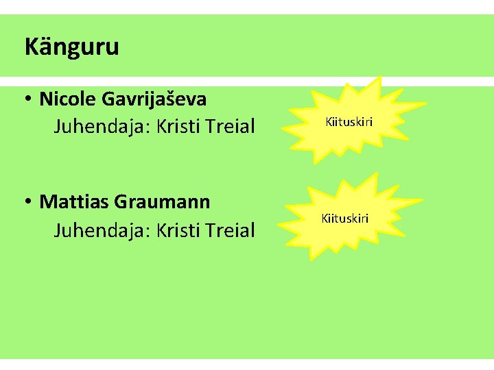 Känguru • Nicole Gavrijaševa Juhendaja: Kristi Treial • Mattias Graumann Juhendaja: Kristi Treial Kiituskiri