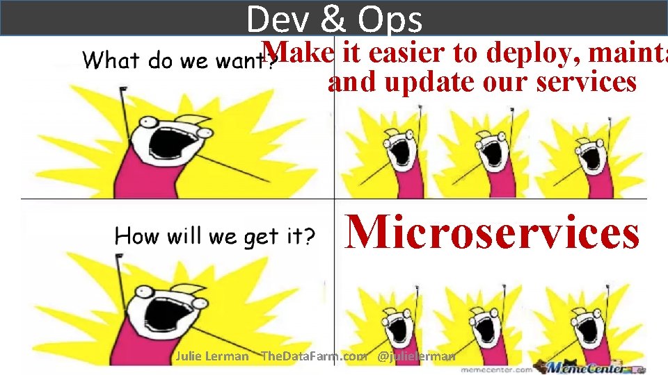 Dev & Ops Make it easier to deploy, mainta and update our services Microservices