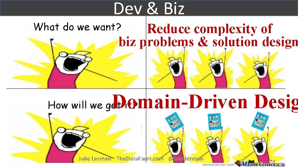 Dev & Biz Reduce complexity of biz problems & solution design Domain-Driven Desig Julie