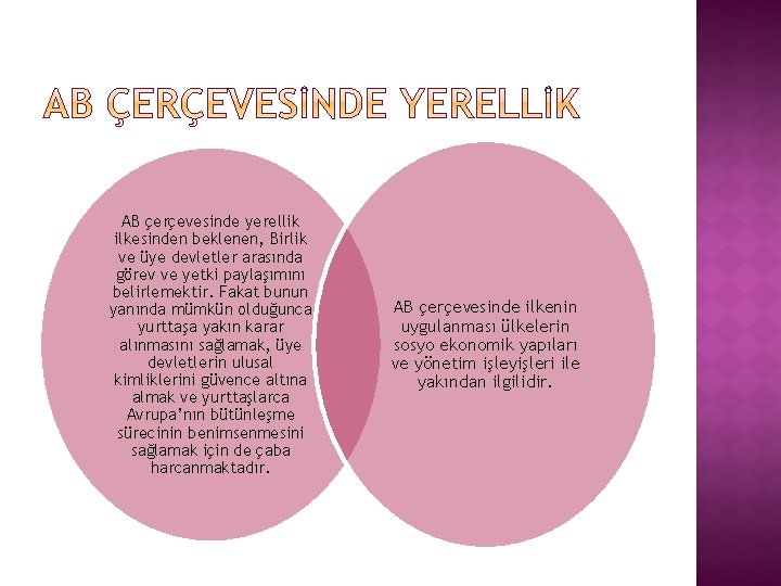 AB çerçevesinde yerellik ilkesinden beklenen, Birlik ve üye devletler arasında görev ve yetki paylaşımını