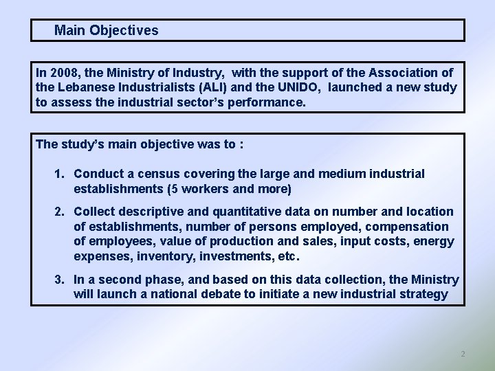 Main Objectives In 2008, the Ministry of Industry, with the support of the Association