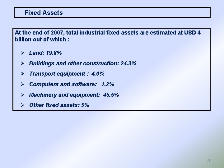 Fixed Assets At the end of 2007, total industrial fixed assets are estimated at