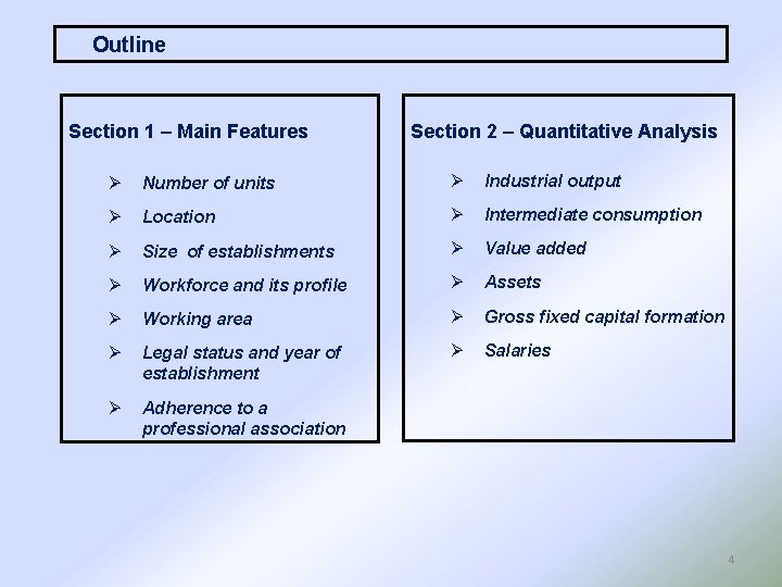 Outline Section 1 – Main Features Section 2 – Quantitative Analysis Ø Number of