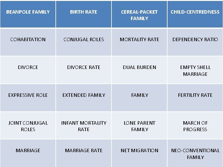 BEANPOLE FAMILY BIRTH RATE CEREAL-PACKET FAMILY CHILD-CENTREDNESS COHABITATION CONJUGAL ROLES MORTALITY RATE DEPENDENCY RATIO BEANPOLE FAMILY BIRTH RATE CEREAL-PACKET FAMILY CHILD-CENTREDNESS COHABITATION CONJUGAL ROLES MORTALITY RATE DEPENDENCY RATIO