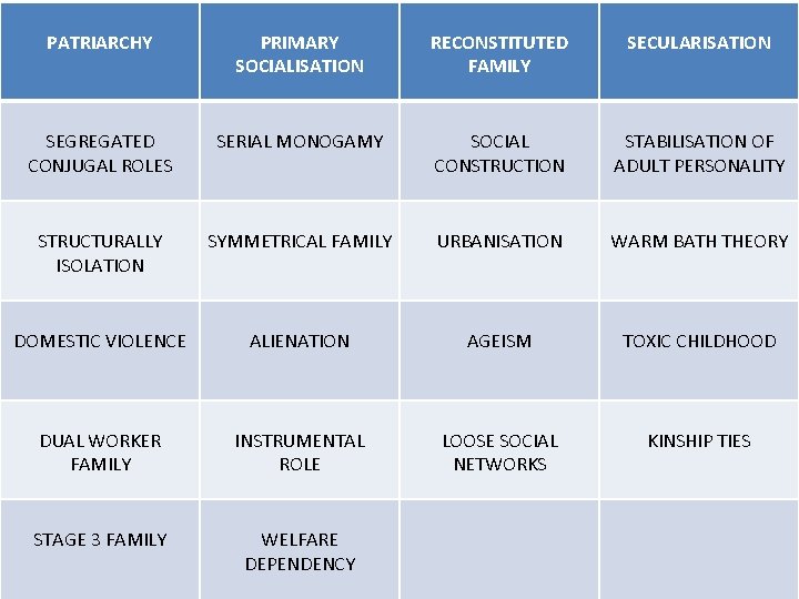 PATRIARCHY PRIMARY SOCIALISATION RECONSTITUTED FAMILY SECULARISATION SEGREGATED CONJUGAL ROLES SERIAL MONOGAMY SOCIAL CONSTRUCTION STABILISATION PATRIARCHY PRIMARY SOCIALISATION RECONSTITUTED FAMILY SECULARISATION SEGREGATED CONJUGAL ROLES SERIAL MONOGAMY SOCIAL CONSTRUCTION STABILISATION