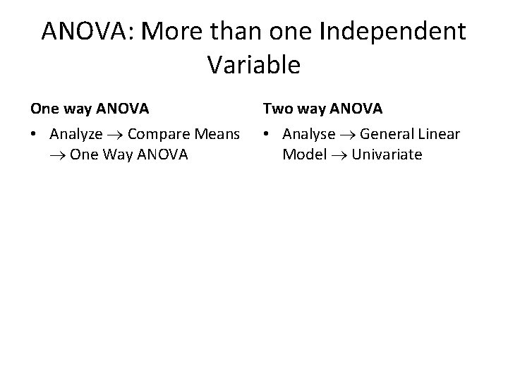 ANOVA: More than one Independent Variable One way ANOVA Two way ANOVA • Analyze