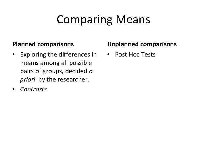 Comparing Means Planned comparisons Unplanned comparisons • Exploring the differences in means among all