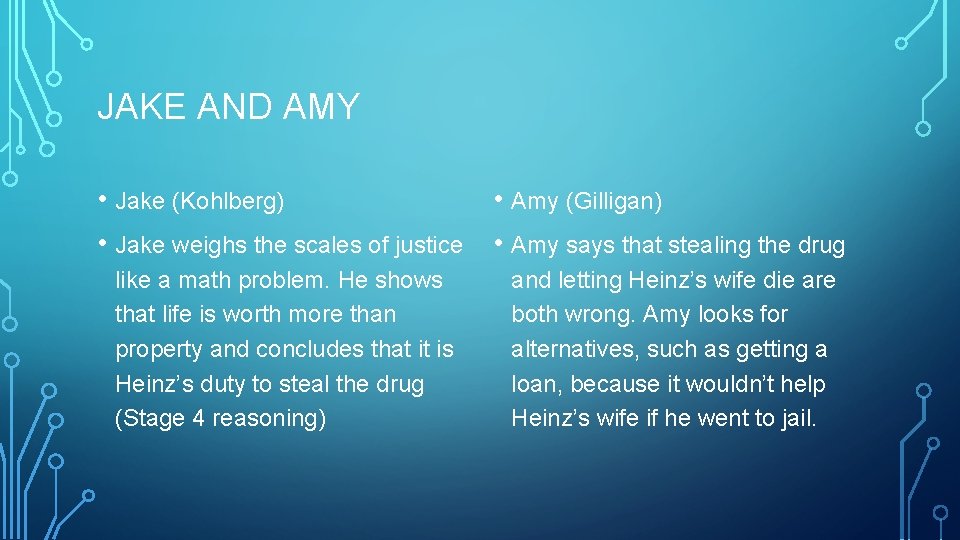 JAKE AND AMY • Jake (Kohlberg) • Amy (Gilligan) • Jake weighs the scales