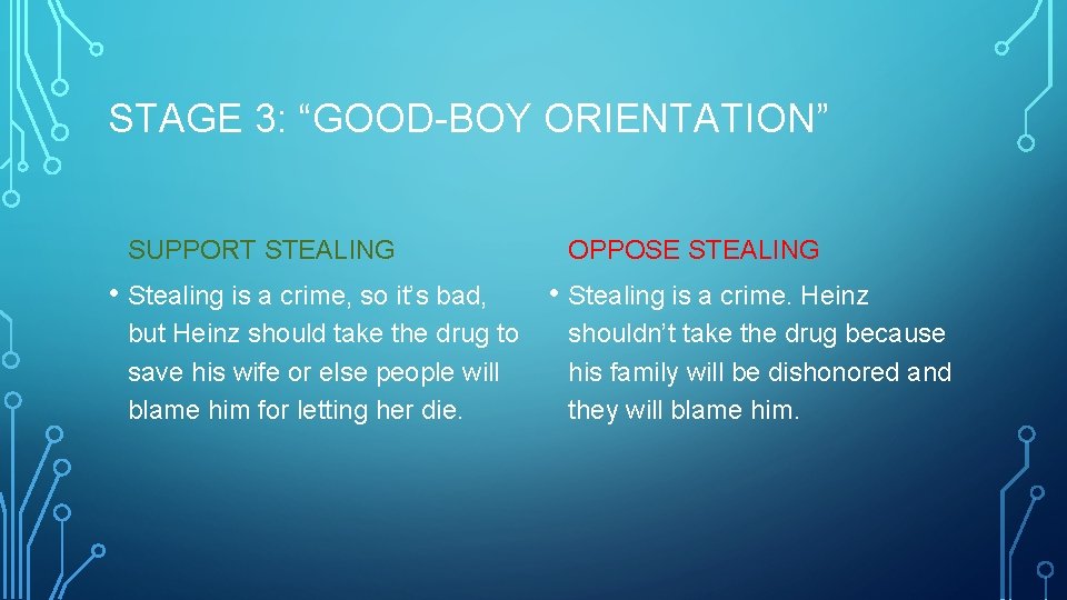 STAGE 3: “GOOD-BOY ORIENTATION” SUPPORT STEALING • Stealing is a crime, so it’s bad,