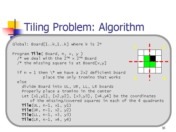 Tiling Problem: Algorithm Global: Board[1. . k, 1. . k] where k is 2