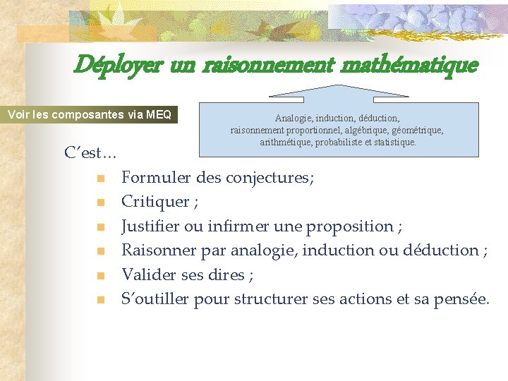 Déployer un raisonnement mathématique Voir les composantes via MEQ C’est… n n n Analogie,