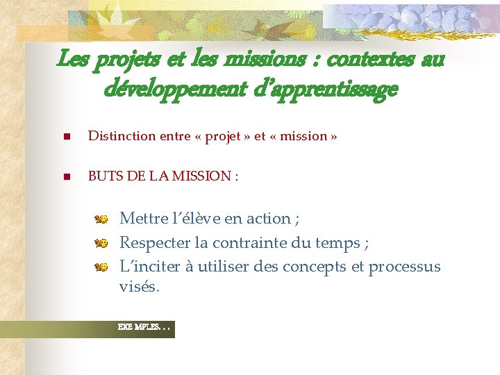 Les projets et les missions : contextes au développement d’apprentissage n Distinction entre «