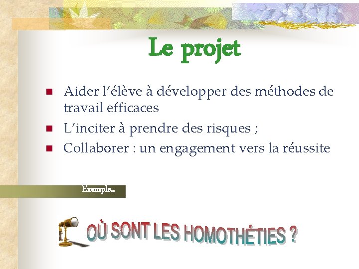 Le projet n n n Aider l’élève à développer des méthodes de travail efficaces