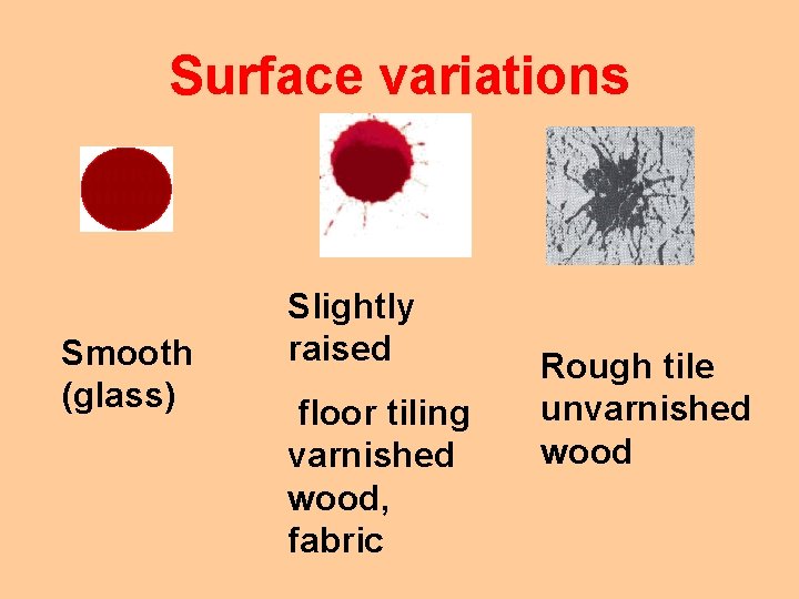 Surface variations Smooth (glass) Slightly raised floor tiling varnished wood, fabric Rough tile unvarnished