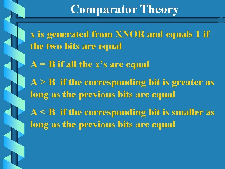 Comparator Theory x is generated from XNOR and equals 1 if the two bits