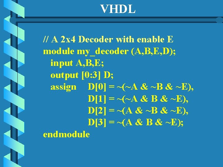 VHDL // A 2 x 4 Decoder with enable E module my_decoder (A, B,