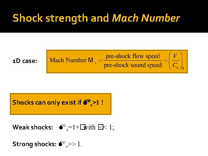 Shock strength and Mach Number 1 D case: Shocks can only exist if Ms>1