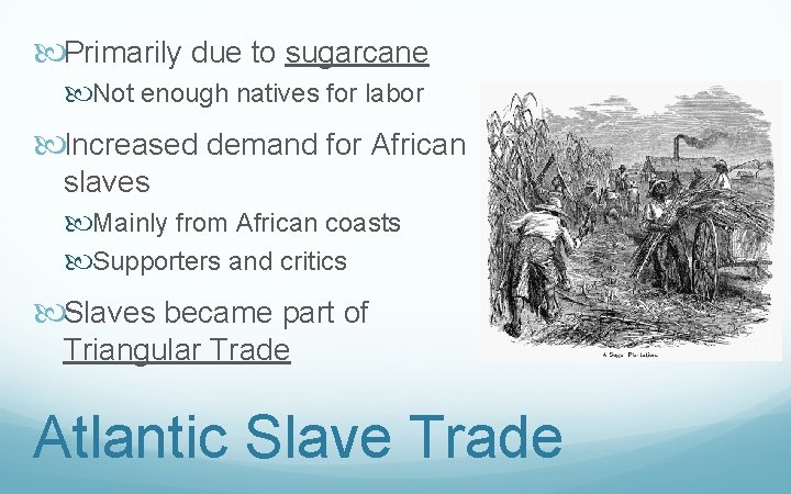  Primarily due to sugarcane Not enough natives for labor Increased demand for African