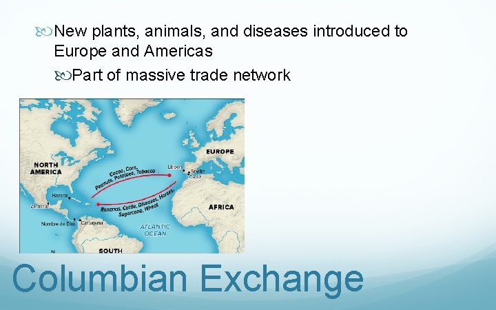  New plants, animals, and diseases introduced to Europe and Americas Part of massive