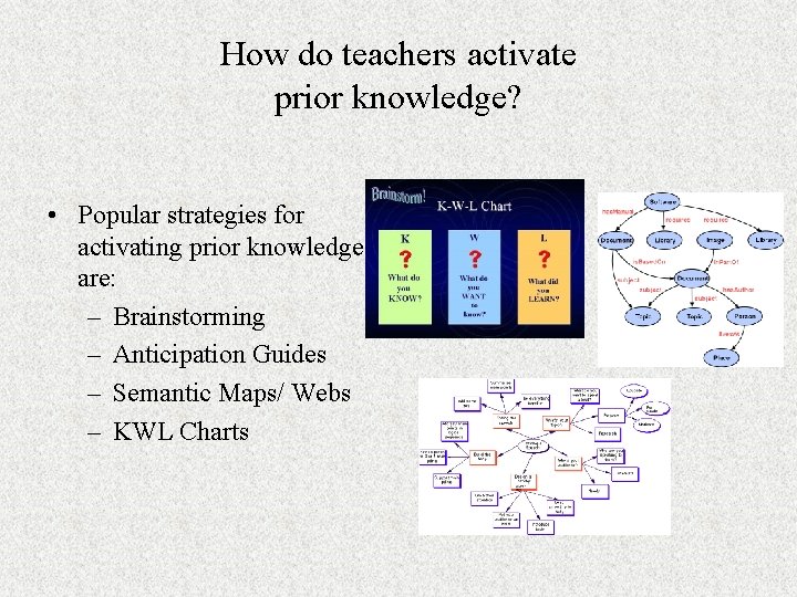 How do teachers activate prior knowledge? • Popular strategies for activating prior knowledge are:
