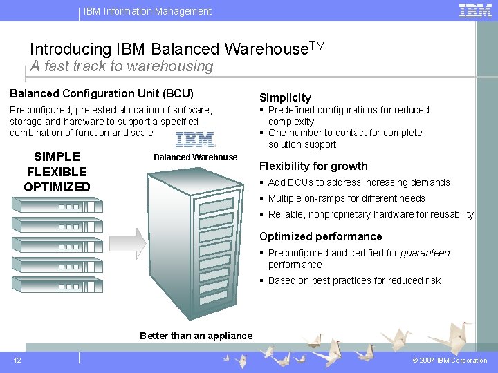 IBM Information Management Introducing IBM Balanced Warehouse. TM A fast track to warehousing Balanced