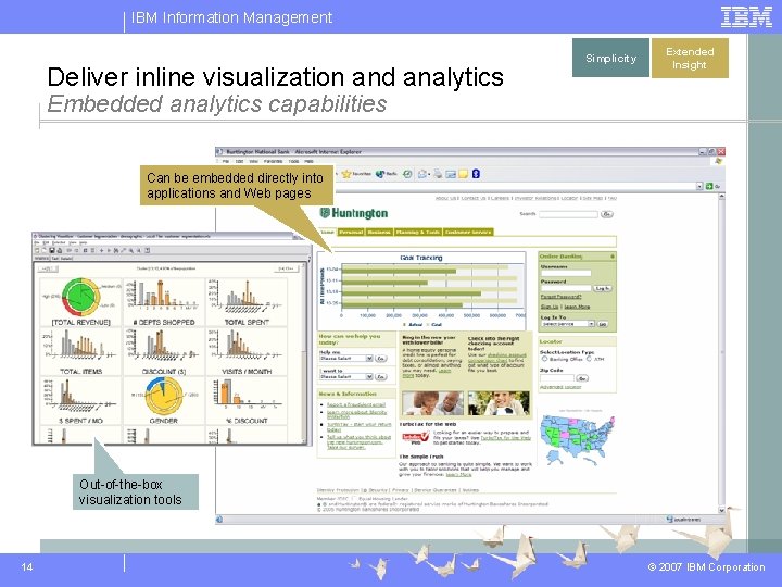 IBM Information Management Deliver inline visualization and analytics Simplicity Extended Insight Embedded analytics capabilities