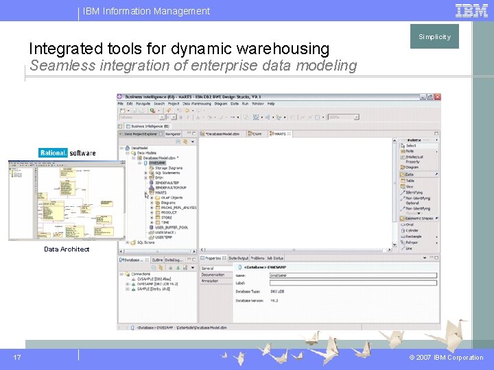 IBM Information Management Integrated tools for dynamic warehousing Simplicity Seamless integration of enterprise data
