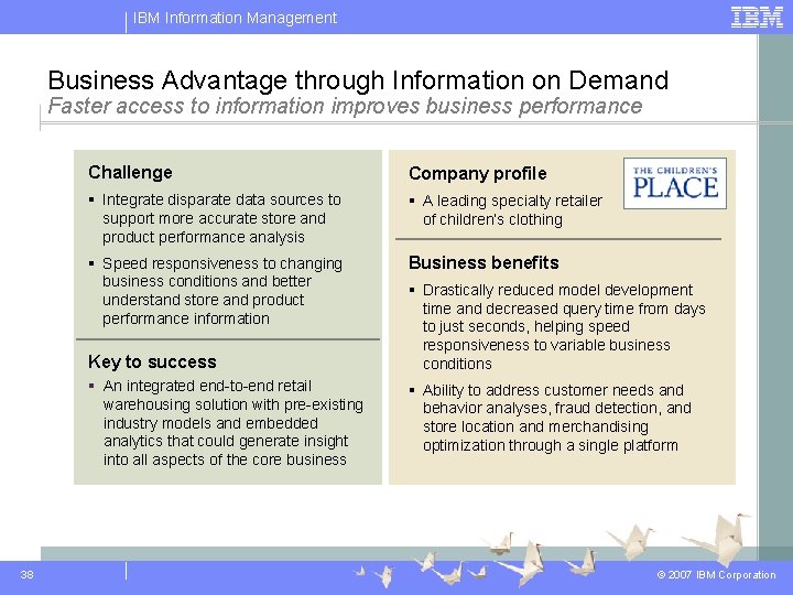 IBM Information Management Business Advantage through Information on Demand Faster access to information improves