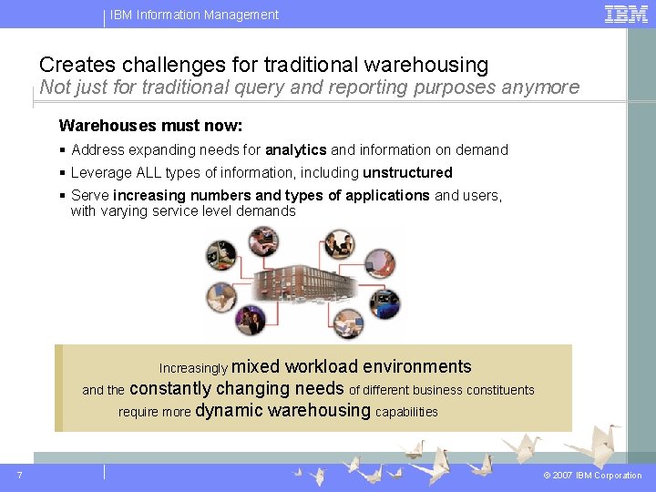 IBM Information Management Creates challenges for traditional warehousing Not just for traditional query and